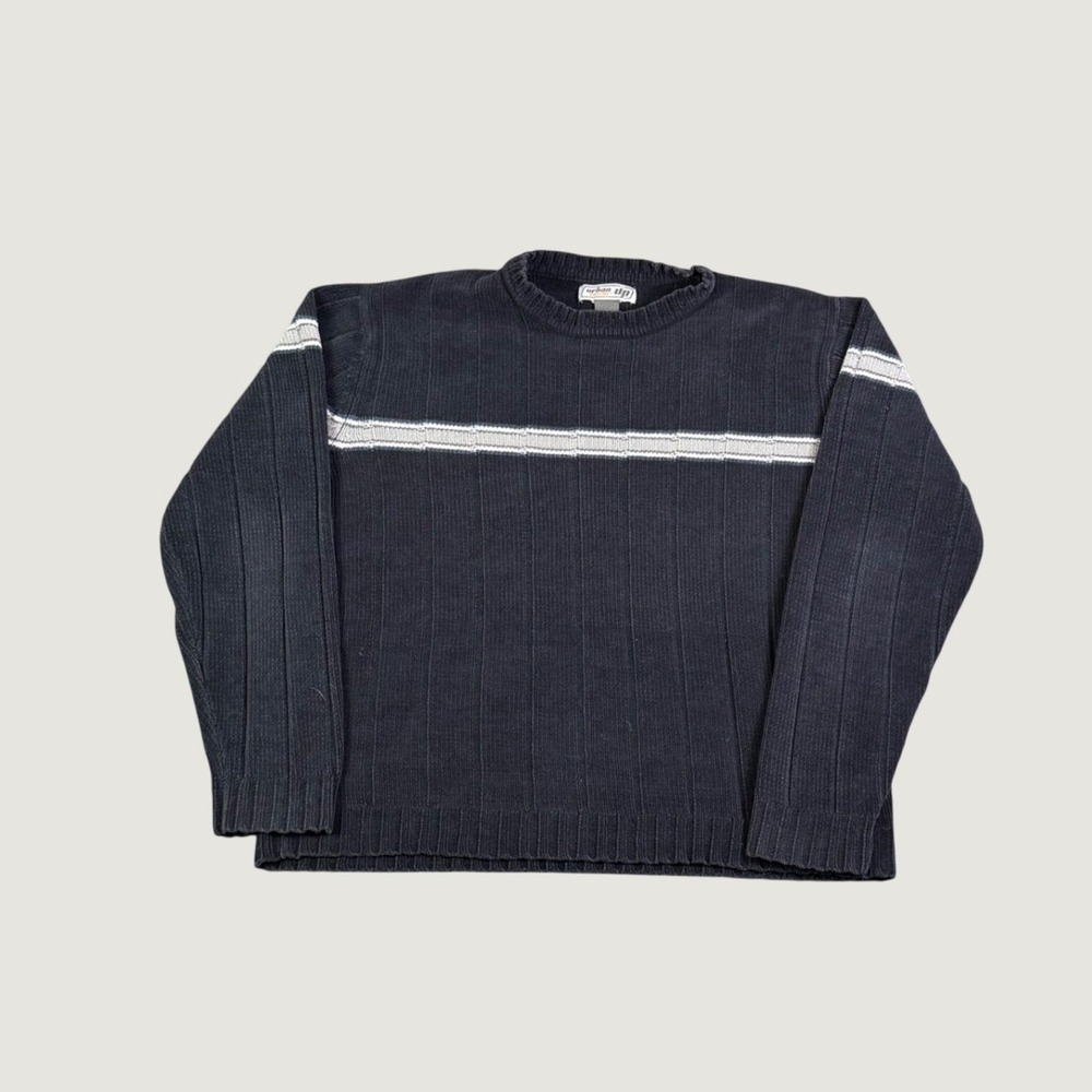 Urban Pipeline Mens Navy Blue Ribbed Crewneck Sweater Grey Chest Stripe Medium - Picture 1 of 6